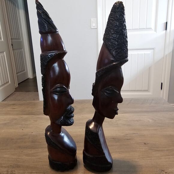Vintage African Couple Carved Bust Wood Art Statues Handcrafted Tribal 10" - Picture 4 of 16